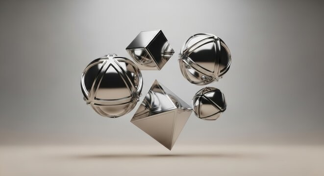 Metallic Geometric Shapes on Gradient Background - Abstract Design