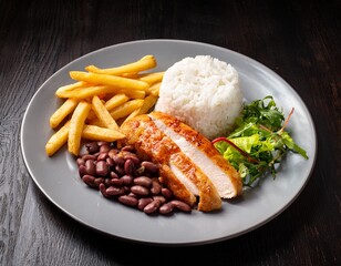 prato com file de frango arroz branco cozido feijao batata frita e salada