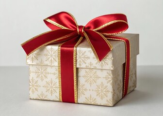 Elegant gift presentation luxury square gift box with embossed snowflake pattern shiny red satin bow and gold trim for holiday celebrations