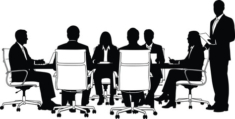 Corporate meeting silhouette set, black-and-white illustrations of professionals in discussion and presentation for business, teamwork, and communication design themes