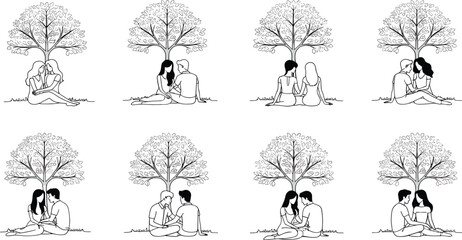 Couple under tree vector set, romantic silhouette illustrations, love and nature moments for relationship design, emotional connection, and minimal line art decor