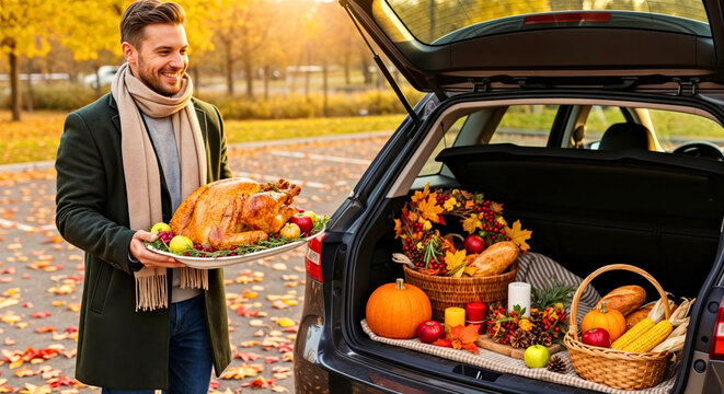 Man Carrying Roast Turkey for Autumn Picnic with Car Trunk Full of Seasonal Decorations