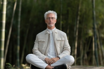 Obraz premium Elderly caucasian male meditating in tranquil bamboo forest setting