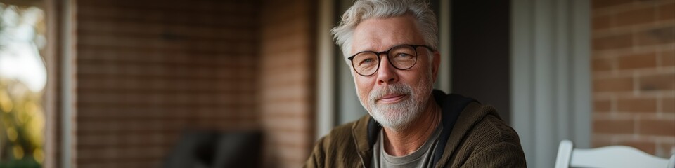 Elderly caucasian male with glasses sitting on porch