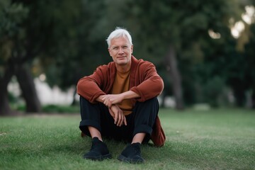 Obraz premium Mature caucasian male relaxing in park with casual attire and nature background