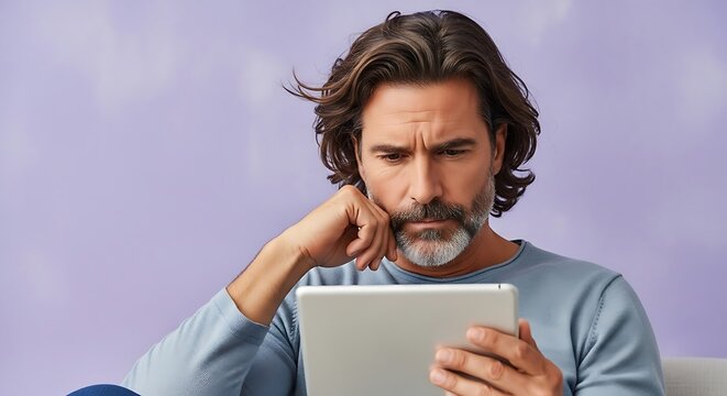 A middle-aged man with a beard and graying hair looks intently at a tablet computer, his brow furrowed in concentration.