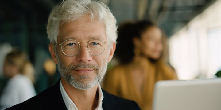 Mature caucasian male in glasses, confident businessman in office setting