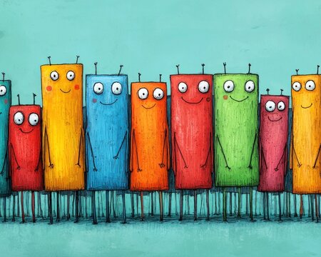 A row of colorful, cartoonish rectangular figures, each with large eyes, simple smiles, and cheerful expressions. They are standing in a line against a light teal background