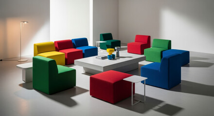 Obraz premium Colorful Modular Seating Arrangement in a White Room With Modern Lamp and Tables