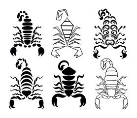 Scorpio logo set. Scorpion top view.Abstract drawing of a scorpion. Logo, tattoo. Black outline.