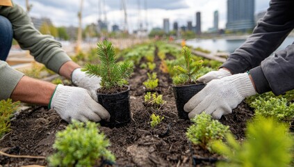 Hands in white gloves planting small trees and plants in a garden.