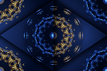 Symmetrical glowing blue mandala with golden geometric star pattern on dark blue backdrop