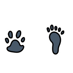 Two dark gray footprints, one animal paw and one human foot, isolated on a white background, cartoon style, simple, clean, and playful.