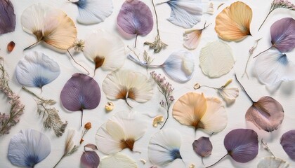 pressed flower pulp paper with faint colors and delicate dried petals scattered on textured white background creating soft and natural artistic effect