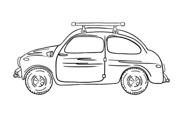 Retro car black lines on white background.