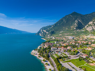Limone sul Garda. Aerial view of panoramic Garda lake and Italian Alps mountains. Lombardy drone landscape