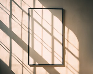 black frame on pale wall bathed in sunlight shadows scene inviting blank area for poster art display copyspace concept of advertising decor printing