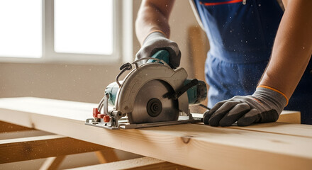 Carpenter cutting wood with circular saw