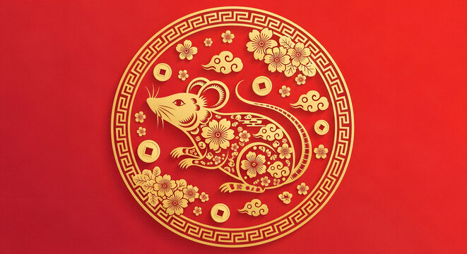 Golden rat symbol with floral ornaments on red background - Powered by Adobe