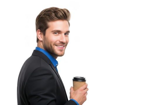 Smiling businessman holding a coffee cup isolated on transparent background
