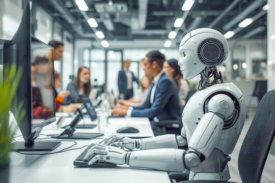 AI robot using computer work with human team in teamwork productivity assistant coding agent in office background