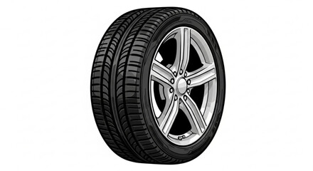 Car tire and wheel illustration for automotive industry and vehicle maintenance services and tire replacement needs