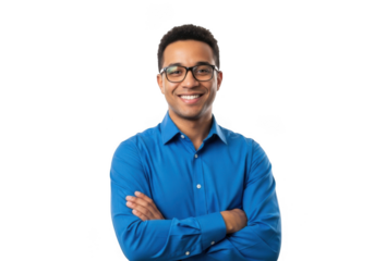 Smiling man with glasses and blue shirt isolated on transparent background