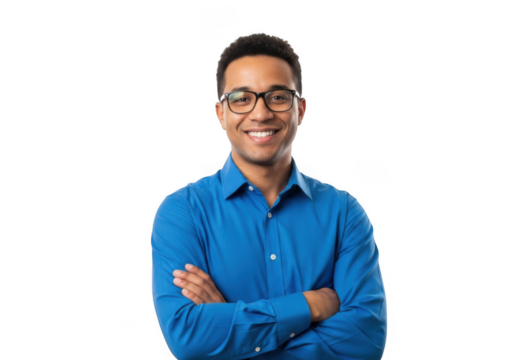 Smiling man with glasses and blue shirt isolated on transparent background