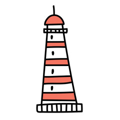 Cartoon lighthouse, red and white horizontal stripes, black outlines, simple style, isolated on white, cheerful mood, front view, evenly lit.