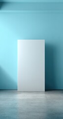 Minimalist white canvas standing against a clean light blue wall with subtle shadow.