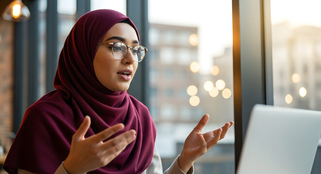 Young muslim woman wearing hijab talking on video call - Powered by Adobe