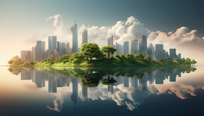 skyline reflection water cityscape with tree island skyscrapers and cloudy sky