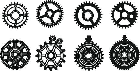 Mechanical gear vector set, black and white industrial icons, engineering components, machinery silhouettes for technical design, manufacturing, and mechanical system illustration