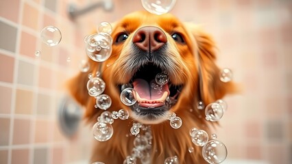 Playful golden retriever covered in soap bubbles, exuding joy against a soft pastel background.