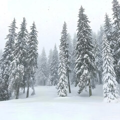 Naklejka premium Snow-covered pine forest under soft overcast light, with cool blue and white tones, and gentle falling snow.