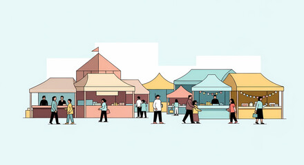 Vibrant outdoor community market scene with diverse people enjoying a bustling event featuring various stalls offering goods and services, celebrating local culture and gathering