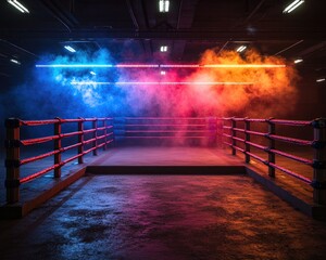 Empty boxing ring under vibrant neon lighting.  Foggy dramatic ambiance