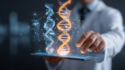 Doctor Analyzing DNA Strands on Tablet, Medical Research Concept