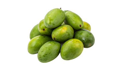 Fresh green mangoes piled together  isolated on transparent background