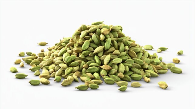 Pile of green cardamom elaichi on white background