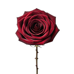 A single deep red rose with a long stem and thorns isolated on transparent background