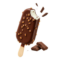 Obraz premium Classic vanilla bean ice cream bar with dark chocolate glaze and almonds, precise bite revealing creamy interior, on transparent background, studio shot with chocolate shards, concept of high-end