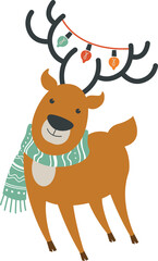 Cartoon reindeer, brown, wearing striped scarf, lights on antlers, cheerful, flat vector illustration, bright colors, whimsical, close-up, lighthearted mood, simple shapes.
