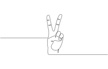 Continuous one line drawing of a hand with two fingers raised as a peace sign on transparent background. Vector illustration.
