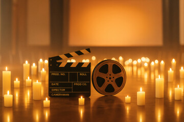 Film reel and clapperboard with burning candles cinematic background