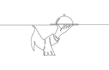 Continuous one line drawing of hand holding tray. Waiter hand holding tray in single line drawing , vector illustration on transparent background.