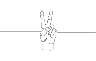 Continuous one line drawing of a hand with two fingers raised as a peace sign on transparent background. Vector illustration.