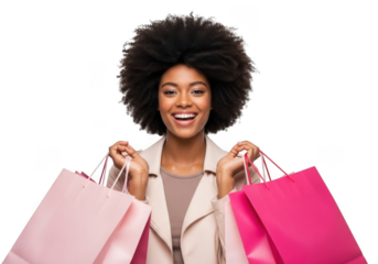 Happy woman holding shopping bags isolated on transparent background