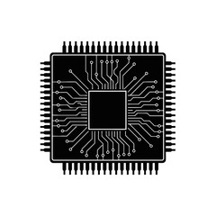 Black silhouette of a computer microchip with circuit board traces isolated on white background