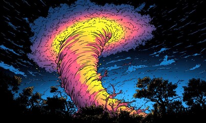 A vibrant, swirling tornado at night, over a dark forest